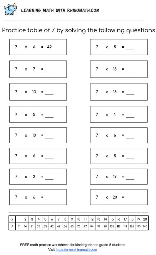 Read more about the article Table of 7 Worksheet – Page 1