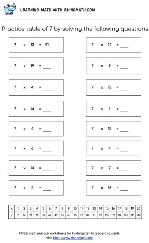 Table of 7 - multiplication chart worksheet - page 2