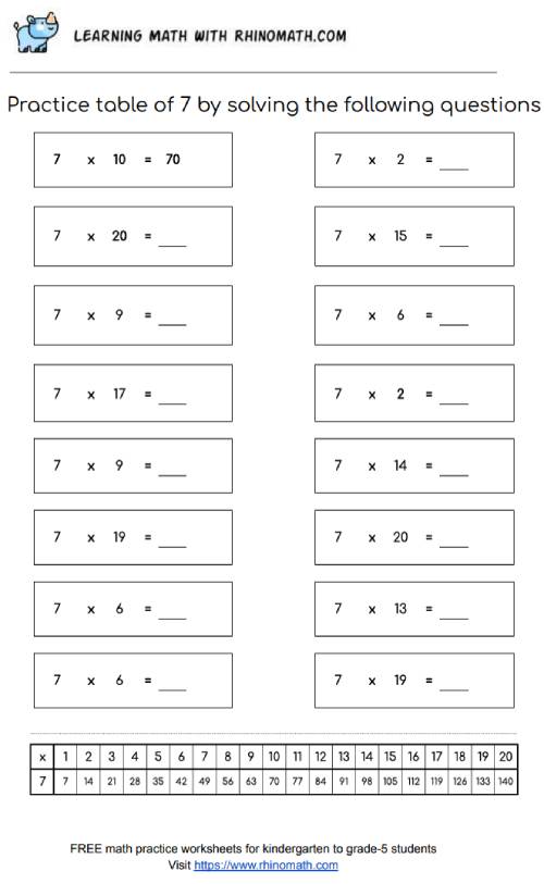 Table of 7 - multiplication chart worksheet - page 3