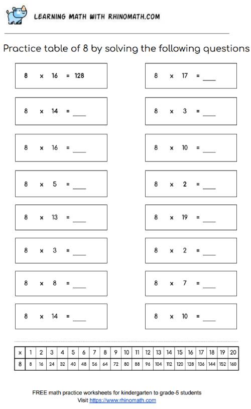 Table of 8 - multiplication chart worksheet - page 1