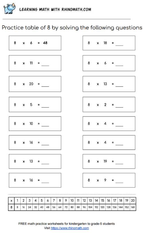 Table of 8 - multiplication chart worksheet - page 2