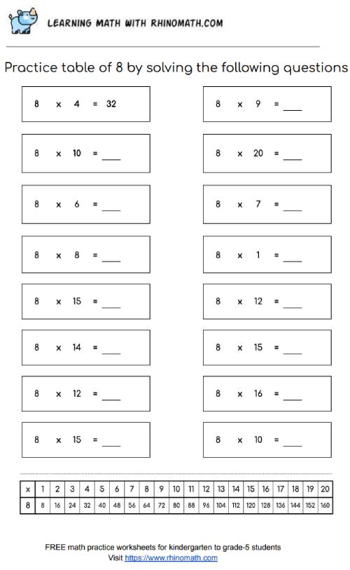 Table of 8 - multiplication chart worksheet - page 3