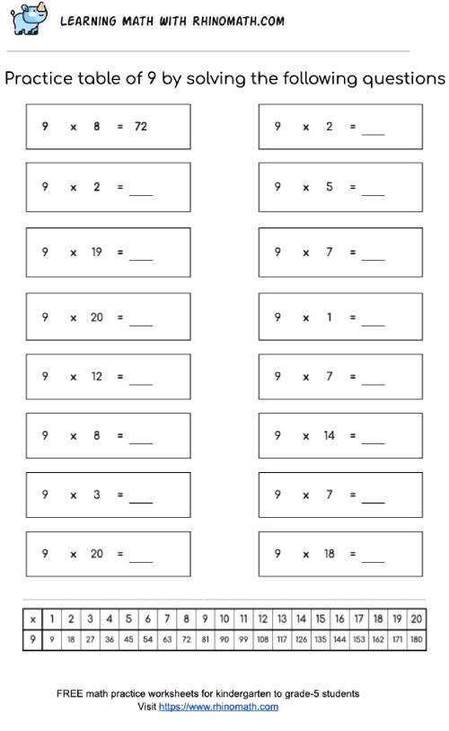 Table of 9 - multiplication chart worksheet - page 1