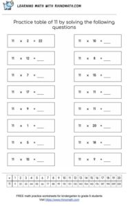 table of 11 - multiplication chart worksheet - page 1