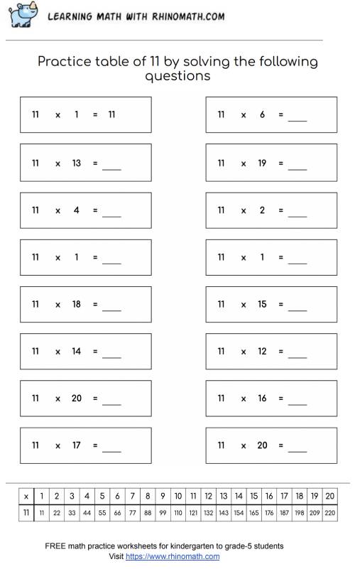 table of 11 - multiplication chart worksheet - page 2