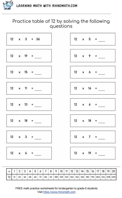 Read more about the article Table of 12 Worksheet – Page 1
