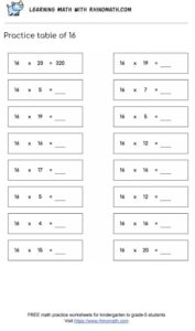 table of 16 - multiplication chart worksheet - page 1