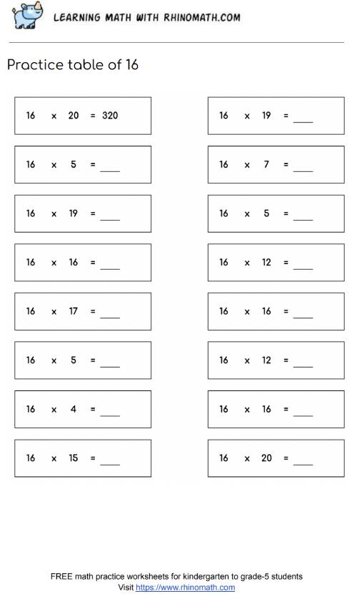 table of 16 - multiplication chart worksheet - page 1