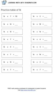 table of 16 - multiplication chart worksheet - page 2