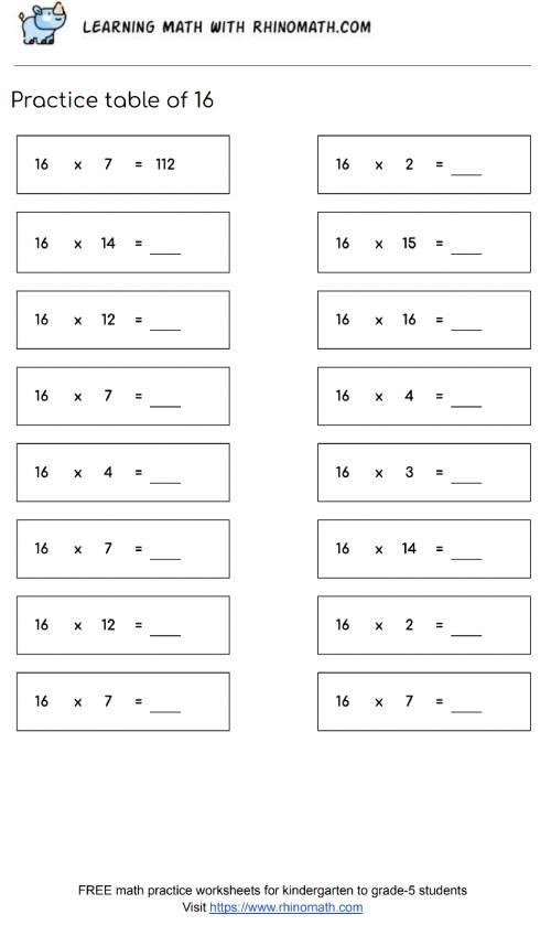 table of 16 - multiplication chart worksheet - page 2