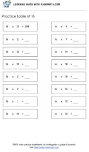 table of 16 - multiplication chart worksheet - page 3