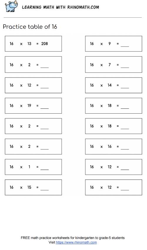 table of 16 - multiplication chart worksheet - page 3